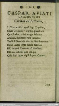 Caspar. Aviati Cremonensis Carmen ad Lectorem