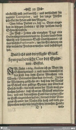 Das sechs und dreyssigste Stuck. Sympathetische Cur des Spinnen-Giffts