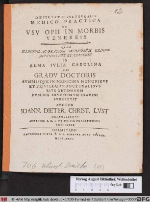 Dissertatio Inavgvralis Medico-Practica De Vsv Opii In Morbis Venereis