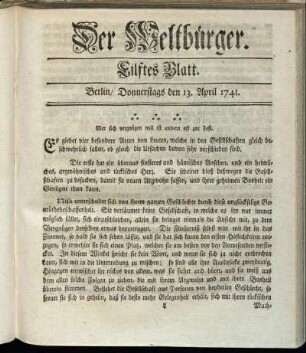 Eilftes Blatt. Berlin, Donnerstags den 13. April 1741.