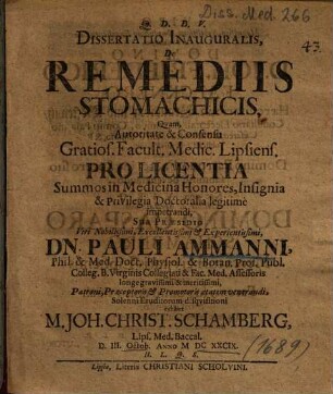 Dissertatio Inauguralis De Remediis Stomachicis