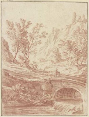 Baumbestandenes Tal, im Vordergrund ein Bach, über den eine Brücke führt