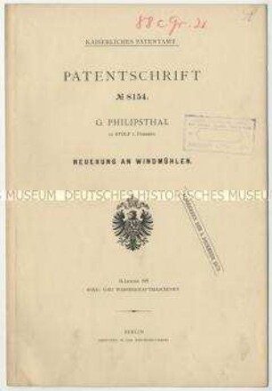 Patentschrift einer Neuerung an Windmühlen, Patent-Nr. 8154