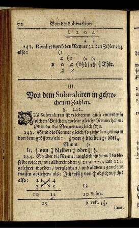 III. Von dem Subtrahiren in gebrochenen Zahlen.