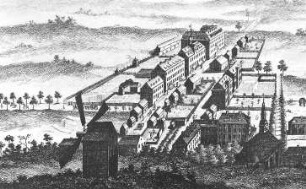 Saalburg-Ebersdorf-Ebersdorf. Ortsansicht mit Bockmühle, Herrnhuter Kolonie, 1755
