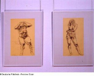 Stehender weiblicher Akt, frontal : Zwei Zeichnungen: Sitzender weiblicher Akt, Stehender weiblicher Akt, frontal in der Ausstellung: Christian Höpfner - Plastiken und Zeichnungen. Preisträger des 7. Ernst-Rietschel-Kunstpreises für Bildhauerei, 2003