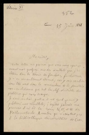 Nr. 1 (= Nr. 352) Brief von Henri Poincaré an Felix Klein. Caen, 15.6.1881