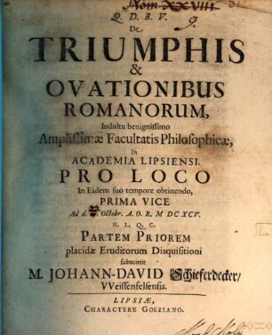 Diss. de triumphis et ovationibus Romanorum : P. I.