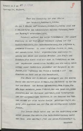 Arbeit in I am 18.3.1920. Vortrag Br. Wolbert. Über die Bedeutung der drei Säulen der Weisheit, Schönheit, Stärke.