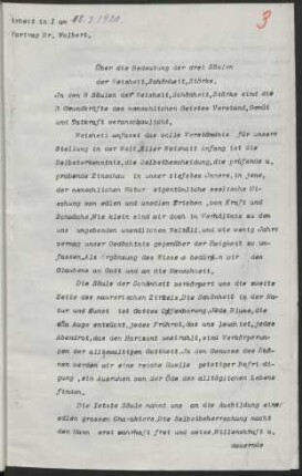 Arbeit in I am 18.3.1920. Vortrag Br. Wolbert. Über die Bedeutung der drei Säulen der Weisheit, Schönheit, Stärke.