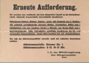 Aushang mit der amtlichen Aufforderung zur Ablieferung aller Gegenstände mit NS-Symbolen