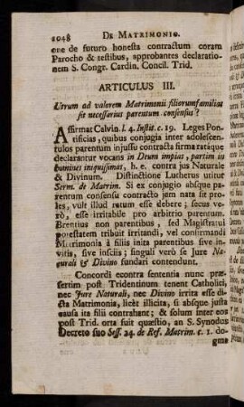 1048-1059, Articulus III. Utrum ad valorem Matrimonii filiorumfamilios sit necessasrius parentum consensus?