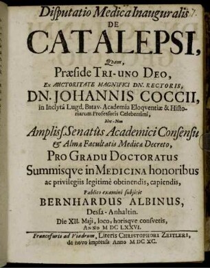 Disputatio Medica Inauguralis De Catalepsi