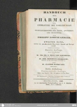 Bd. 2. Welcher die pharmaceutische Mineralogie, Botanik und Zoologie enthält 3: Pharmaceutische Zoologie