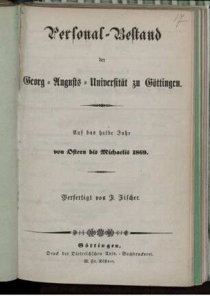 SS 1869: Personal-Bestand der Georg-Augusts-Universität zu Göttingen