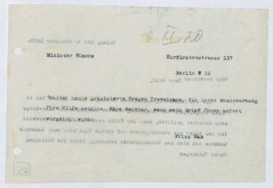 Schreiben von Prinz Max von Baden an Walter Simons; Zusendung von Fragen Charles Trevelyans an Walter Simons