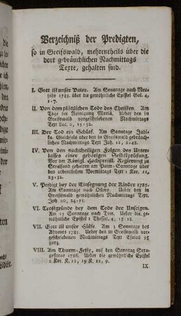 Verzeichniß der Predigten, so in Greifswald, mehrentheils über die dort gebräuchlichen Nachmittags Texte, gehalten sind.