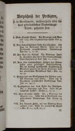 Verzeichniß der Predigten, so in Greifswald, mehrentheils über die dort gebräuchlichen Nachmittags Texte, gehalten sind.
