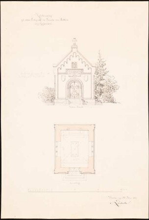 Erbgruft der Familie von Mutius, Rosenthal: Grundriss, Aufriss Vorderansicht, Maßstabsleiste (Fuß rhl.)