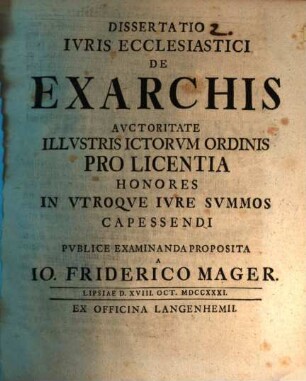 Dissertatio Ivris Ecclesiastici De Exarchis