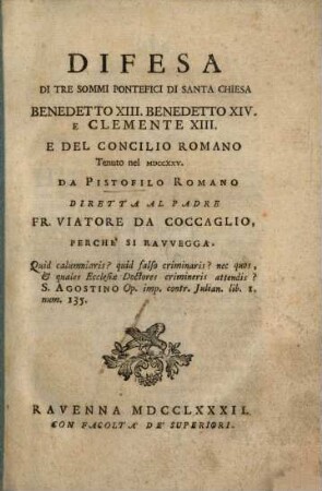 Difesa di tre sommi pontefici di santa chiesa Benedetto XIII, Benedetto XIV e Clemente XIII e del concilio Romano tenuto nel 1725