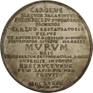 Silberabschlag der Medaille des pfälzischen Kurfürsten Karls II. auf die Grundsteinlegung der Mannheimer Stadtmauer, 1681