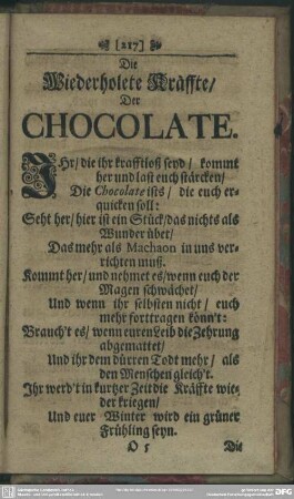 Die Wiederholte Kräffte, Der Chocolate