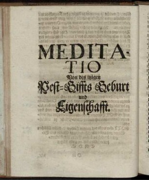 Meditatio Von des itzigen Pest-Giffts Geburt und Eigenschafft