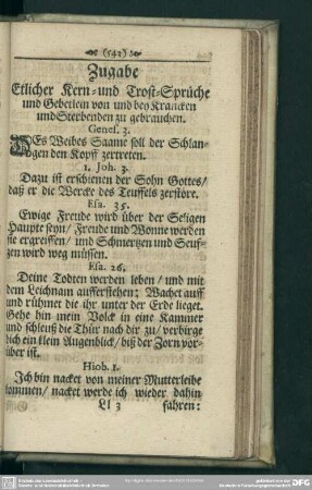Zugabe Etlicher Kern- und Trost-Sprüche und Gebetlein von und bey den Krancken und Sterbenden zu gebrauchen