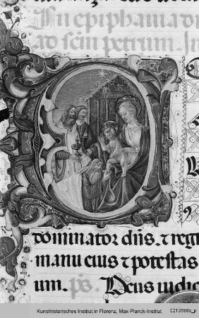 Missale Romanum : Buchseite mit historisierter Initiale E: Anbetung der Könige