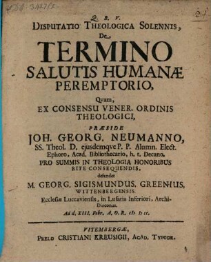 Disputatio Theologica Solennis, De Termino Salutis Humanae Peremptorio