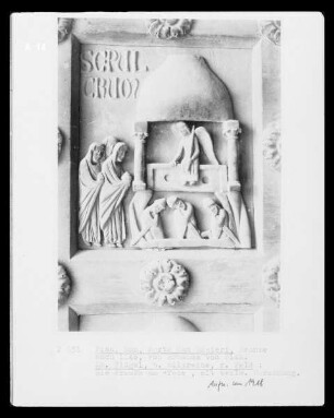 Tür der Porta di San Ranieri / Bronzetür mit Szenen zum neuen Testament — linker Türflügel — fünfte Bildreihe, rechtes Feld: Die Frauen am Grabe