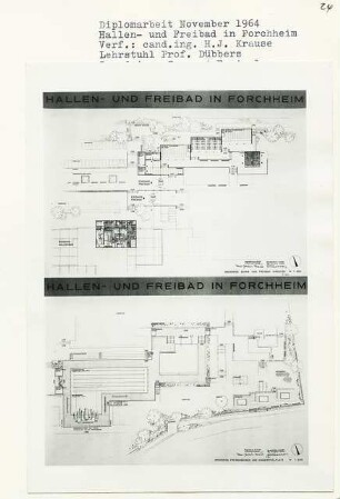 Hallen- und Freibad, Forchheim (Diplomarbeit bei Kurt Dübbers): Sauna, Freibad Umkleide, Freibadbecken, Kinderspielplatz, Grundrisse 1:200