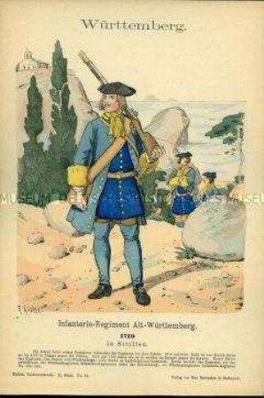 Uniformdarstellung, Gemeine des Infanterie-Regiments "Alt-Württemberg", Herzogtum Württemberg, 1719.
