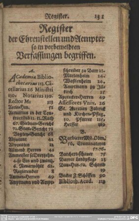 Register der Ehrenstellen und Aempter so in vorbemeldten Verfassungen begriffen