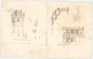 Voit, August von; unbestimmte Zeichnungen - Befestigungsturm (Ansicht); Fassade (Teilansicht); Details