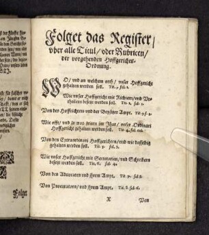 Folget das Register uber alle Titul oder Rubricen der vorgehenden Hoffgerichts=Ordnung.