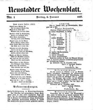 Neustadter Wochenblatt : Organ zur volksthümlichen Besprechung der Tages-Ereignisse, zur Unterhaltung, sowie zur Veröffentlichung von Anzeigen etc.. 1837