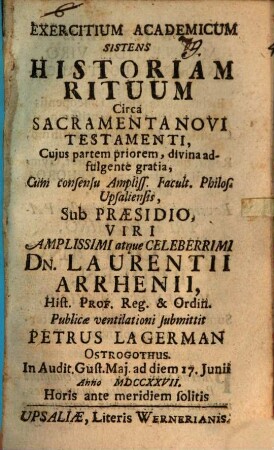 Exercitium acad., sistens historiam rituum circa sacramenta Novi Testamenti