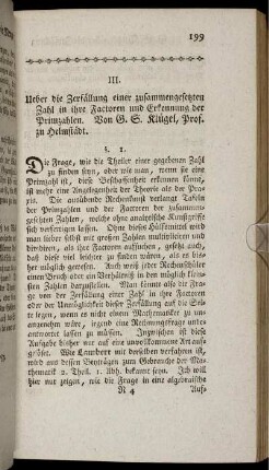 III. Ueber die Zerfällung einer zusammengesetzten Zahl in ihre Factoren und Erkennung der Primzahlen.