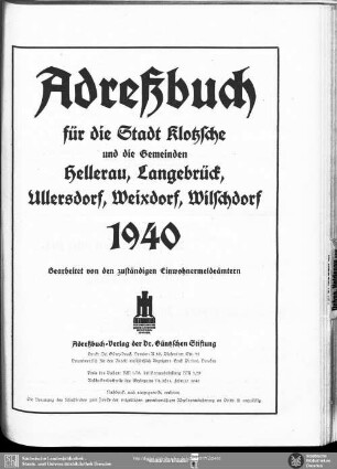 Adreßbuch für die Stadt Klotzsche und die Gemeinden Hellerau, Langebrück, Ullerdorf, Weixdorf, Wilschdorf 1940