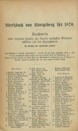 Nachweis jedes einzelnen Hauses mit Angabe namhafter Bewohner desselben und des Eigenthümers.