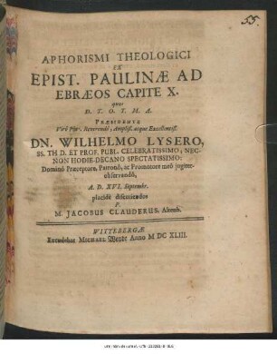 Aphorismi Theologici Ex Epist. Paulinae Ad Ebraeos Capite X.