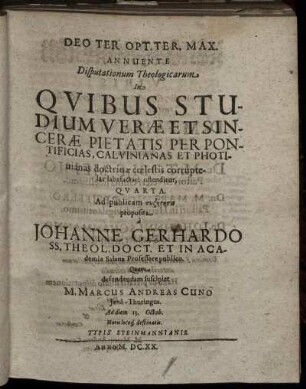 ... Disputationum Theologicarum ... Quarta.