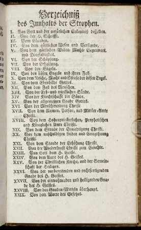 Verzeichniß des Innhalts der Strophen.