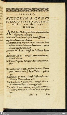 Syllabus Auctorum A Quibus M. Accio Plauto Accessit Vel Lux, Vel Medicina, Vel Salus