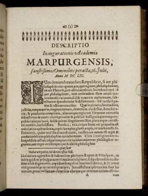 Descriptio Inaugurationis Academiae Marpurgensis ... 16. Julii Anno M DC LIII.