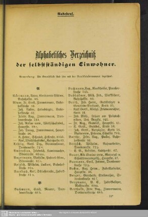 Einwohnerverzeichnis : Alphabetisches Verzeichniß der selbstständigen Einwohner