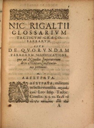 Nicolai Rigaltii Glossarivm Taktikon mixobarbaron De Verborum Significatione, Qvae Ad Novellas Impp. Qvi in Oriente post Iustinianum regnaverunt, de re militari Constitutiones pertinent