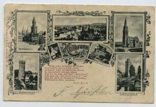 Mehrbildkarte mit Käthchen, 7 Motive: St. Kilianskirche, Friedenskirche, Götzenturm, Bollwerksturm, Blick vom Rosenberg, Käthchenhaus, Gedicht von Paul Koch